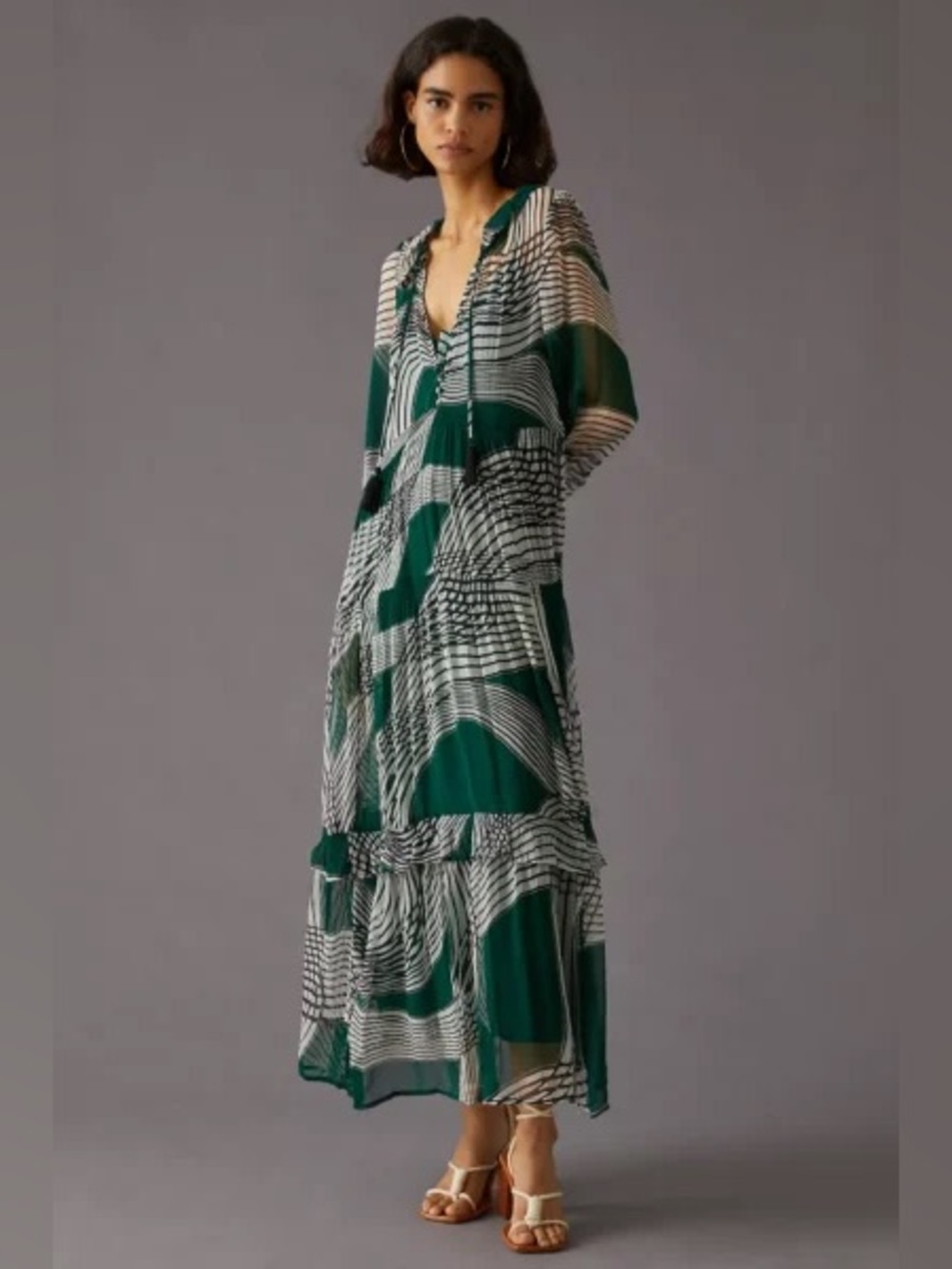 Anthropologie The Marais Printed Chiffon Maxi Dress Size Medium Green Black - Picture 3 of 10